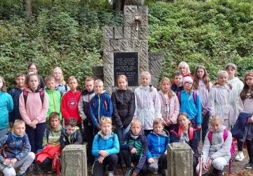 „Zielona szkoła pośród złotych liści spadających z drzew”